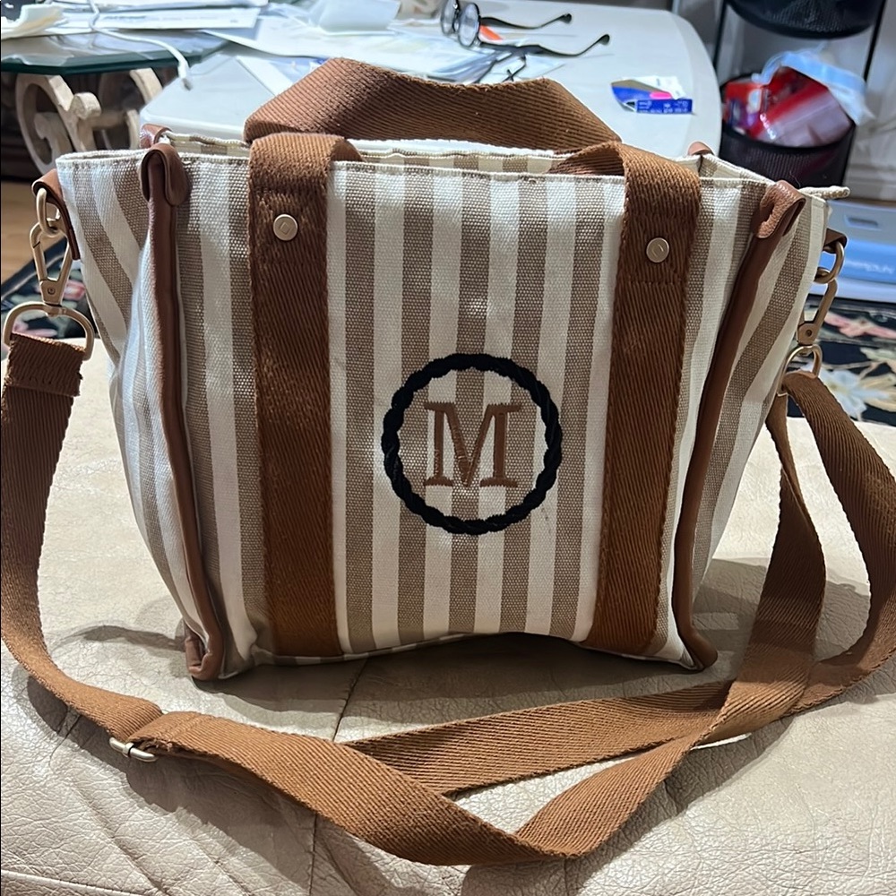 Thirty One Striped Tan and Cream Tote Bag
